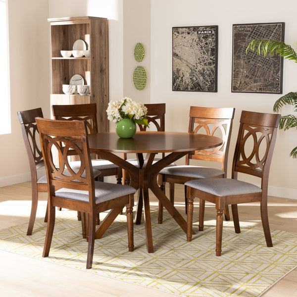 Baxton Studio Baxton Studio Jessie Modern 7-Piece Dining Set with Grey Fabric Chairs & Walnut Round Table, Chic Style Jessie-Grey/Walnut-7PC Dining Set