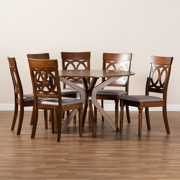 Baxton Studio Baxton Studio Jessie Modern 7-Piece Dining Set with Grey Fabric Chairs & Walnut Round Table, Chic Style Jessie-Grey/Walnut-7PC Dining Set