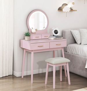 English Elm Beautiful Pink Vanity Set with Mirror & Stool, Storage Drawers, Elegant Bedroom Makeup Station B011P300057