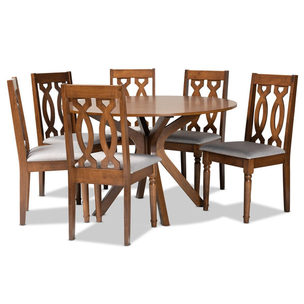 Baxton Studio Baxton Studio 7-Piece Contemporary Grey Upholstered Dining Set with Walnut Brown Circular Table Callie-Grey/Walnut-7PC Dining Set