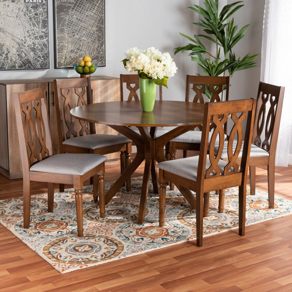 Baxton Studio Baxton Studio 7-Piece Contemporary Grey Upholstered Dining Set with Walnut Brown Circular Table Callie-Grey/Walnut-7PC Dining Set