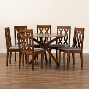 Baxton Studio Baxton Studio 7-Piece Contemporary Grey Upholstered Dining Set with Walnut Brown Circular Table Callie-Grey/Walnut-7PC Dining Set