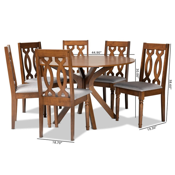 Baxton Studio Baxton Studio 7-Piece Contemporary Grey Upholstered Dining Set with Walnut Brown Circular Table Callie-Grey/Walnut-7PC Dining Set