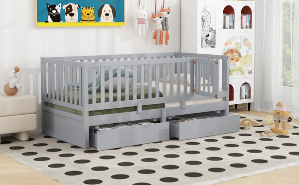 English Elm Twin Pinewood Daybed with Fence Guardrails Two Storage Drawers and Split Floor Bed Gray LP200881AAE