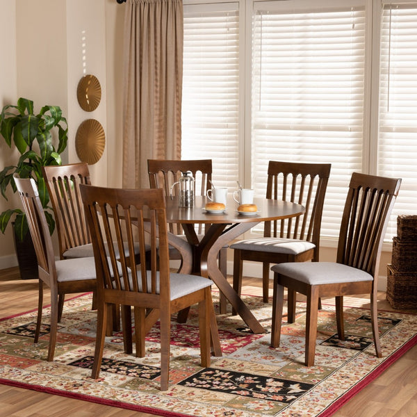Baxton Studio Baxton Lore 7-Piece Modern Dining Set with Grey Upholstered Chairs & Walnut Brown Table for Elegance Lore-Grey/Walnut-7PC Dining Set