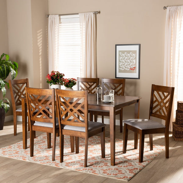 Baxton Studio Baxton Caron 7-Piece Modern Dining Set in Grey Fabric & Walnut Finish - Stylish Comfort for Any Meal RH317C-Grey/Walnut-DC-7PC Dining Set