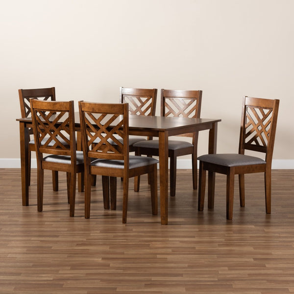 Baxton Studio Baxton Caron 7-Piece Modern Dining Set in Grey Fabric & Walnut Finish - Stylish Comfort for Any Meal RH317C-Grey/Walnut-DC-7PC Dining Set