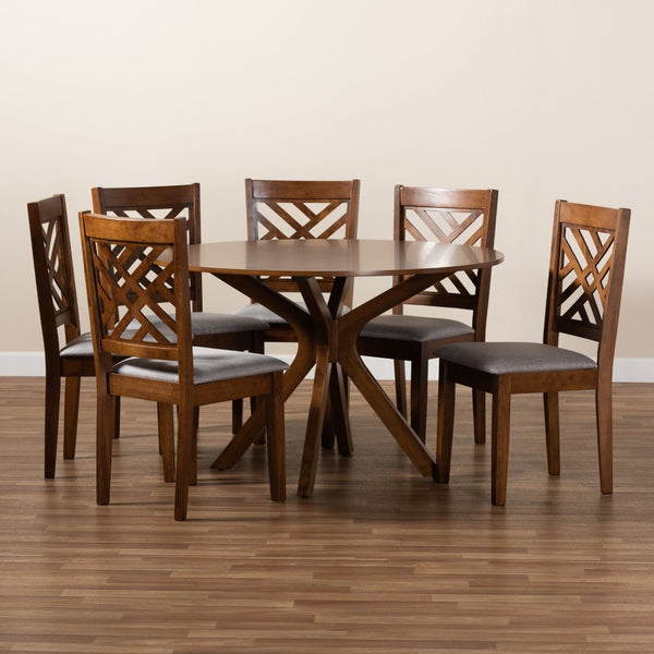 Baxton Studio Baxton Studio Norah Modern 7-Piece Dining Set with Grey Upholstered Chairs & Walnut Table Finish Norah-Grey/Walnut-7PC Dining Set