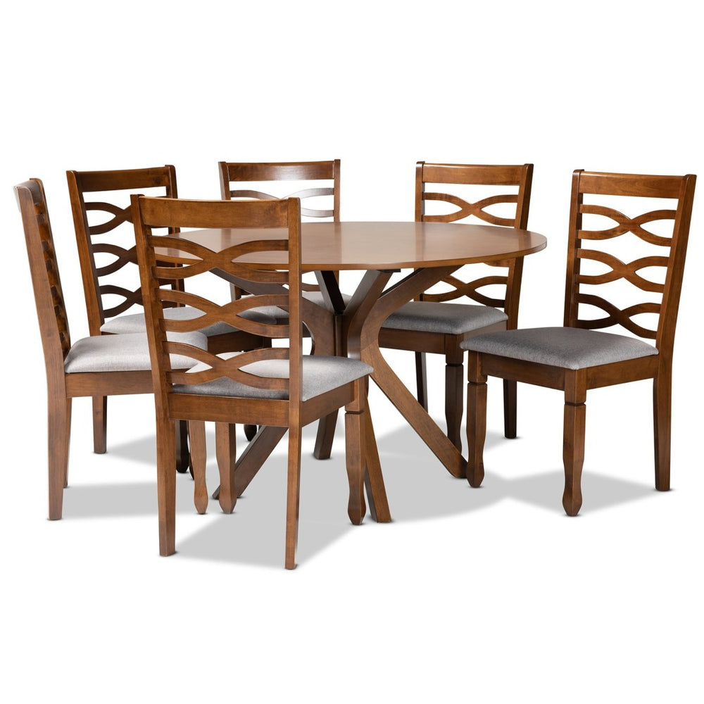 Baxton Studio Baxton Mila 7-Piece Modern Dining Set with Grey Upholstered Chairs and Walnut Brown Table - Cozy Elegance Mila-Grey/Walnut-7PC Dining Set