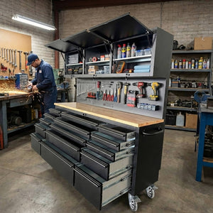 English Elm 72" Steel Rolling Tool Cabinet with Wood Benchtop 15 Drawers and Overhead Storage W5675P455304