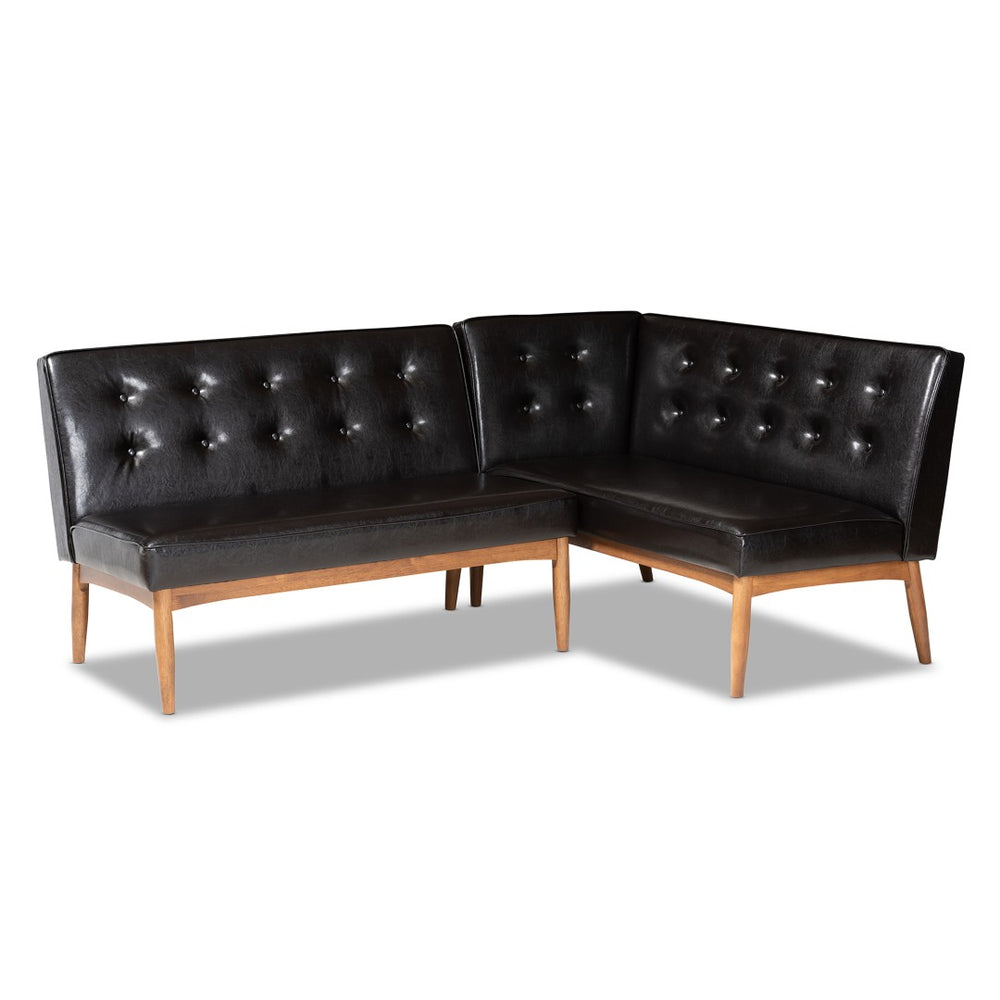 Baxton Studio Baxton Arvid Mid-Century Modern Dark Brown Faux Leather Dining Nook Banquette Set for Small Spaces BBT8051-Dark Brown/Walnut-2PC SF Bench