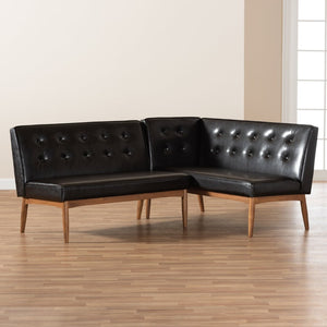 Baxton Studio Baxton Arvid Mid-Century Modern Dark Brown Faux Leather Dining Nook Banquette Set for Small Spaces BBT8051-Dark Brown/Walnut-2PC SF Bench