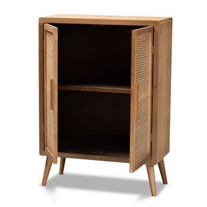 Baxton Studio Baxton Alina Mid-Century Modern Oak & Rattan 2-Door Accent Storage Cabinet for Stylish Organization JY1904-Medium Oak-Cabinet