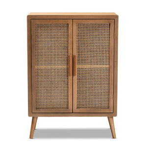 Baxton Studio Baxton Alina Mid-Century Modern Oak & Rattan 2-Door Accent Storage Cabinet for Stylish Organization JY1904-Medium Oak-Cabinet