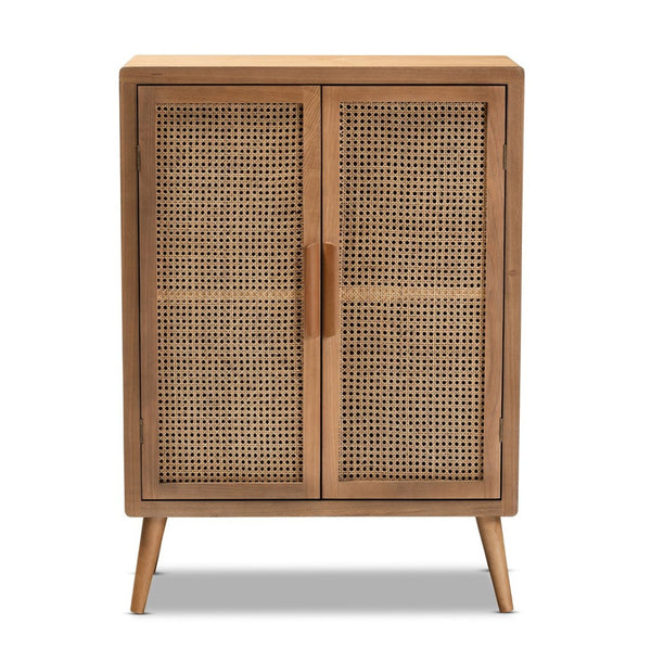 Baxton Studio Baxton Alina Mid-Century Modern Oak & Rattan 2-Door Accent Storage Cabinet for Stylish Organization JY1904-Medium Oak-Cabinet