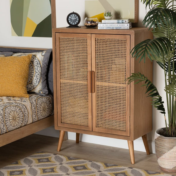 Baxton Studio Baxton Alina Mid-Century Modern Oak & Rattan 2-Door Accent Storage Cabinet for Stylish Organization JY1904-Medium Oak-Cabinet