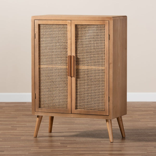 Baxton Studio Baxton Alina Mid-Century Modern Oak & Rattan 2-Door Accent Storage Cabinet for Stylish Organization JY1904-Medium Oak-Cabinet