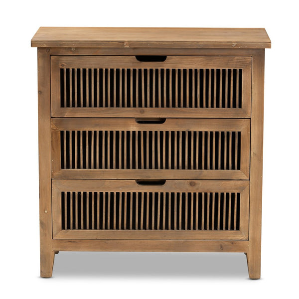 Baxton Studio Baxton Rustic 3-Drawer Storage Cabinet – Medium Oak Finish with Spindle Design for Cozy Spaces LD19A007-Medium Oak-3DW-Cabinet