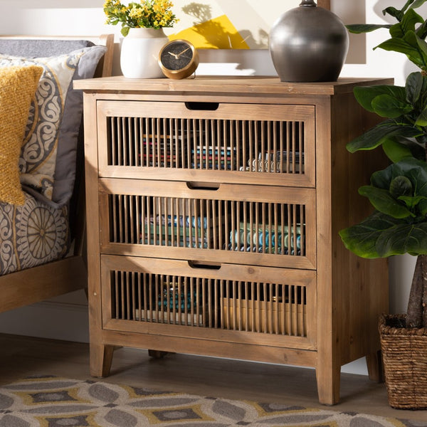 Baxton Studio Baxton Rustic 3-Drawer Storage Cabinet – Medium Oak Finish with Spindle Design for Cozy Spaces LD19A007-Medium Oak-3DW-Cabinet