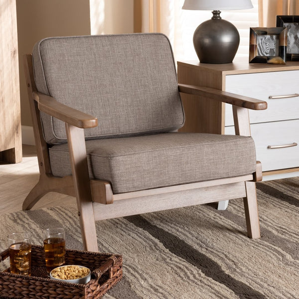 Baxton Studio Baxton Sigrid Mid-Century Modern Light Grey Upholstered Armchair with Antique Oak Finish - Cozy Charm Sigrid-Light Grey/Antique Oak-CC