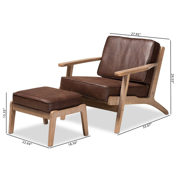 Baxton Studio Baxton Sigrid Mid-Century Modern Armchair & Ottoman Set in Dark Brown Faux Leather with Oak Finish Sigrid-Dark Brown/Antique Oak-2PC Set