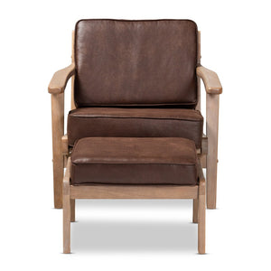 Baxton Studio Baxton Sigrid Mid-Century Modern Armchair & Ottoman Set in Dark Brown Faux Leather with Oak Finish Sigrid-Dark Brown/Antique Oak-2PC Set