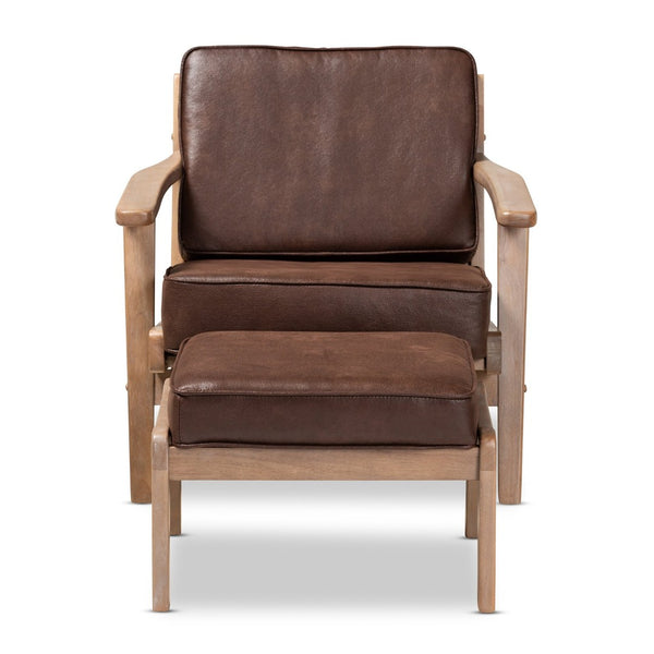 Baxton Studio Baxton Sigrid Mid-Century Modern Armchair & Ottoman Set in Dark Brown Faux Leather with Oak Finish Sigrid-Dark Brown/Antique Oak-2PC Set