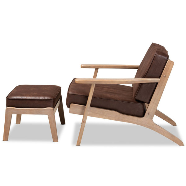 Baxton Studio Baxton Sigrid Mid-Century Modern Armchair & Ottoman Set in Dark Brown Faux Leather with Oak Finish Sigrid-Dark Brown/Antique Oak-2PC Set