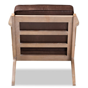 Baxton Studio Baxton Sigrid Mid-Century Modern Armchair & Ottoman Set in Dark Brown Faux Leather with Oak Finish Sigrid-Dark Brown/Antique Oak-2PC Set