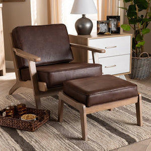 Baxton Studio Baxton Sigrid Mid-Century Modern Armchair & Ottoman Set in Dark Brown Faux Leather with Oak Finish Sigrid-Dark Brown/Antique Oak-2PC Set