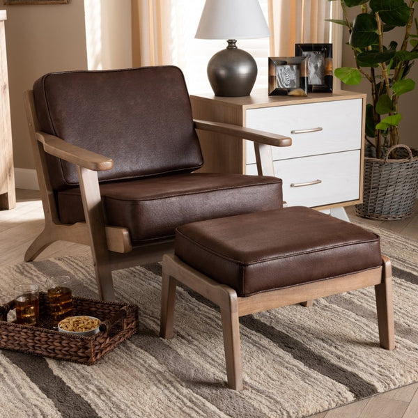 Baxton Studio Baxton Sigrid Mid-Century Modern Armchair & Ottoman Set in Dark Brown Faux Leather with Oak Finish Sigrid-Dark Brown/Antique Oak-2PC Set