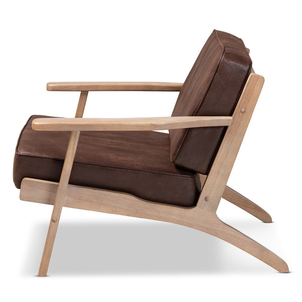 Baxton Studio Baxton Studio Sigrid Mid-Century Modern Armchair - Dark Brown Faux Leather, Antique Oak Finish, Chic Design Sigrid-Dark Brown/Antique Oak-CC