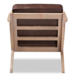 Baxton Studio Baxton Studio Sigrid Mid-Century Modern Armchair - Dark Brown Faux Leather, Antique Oak Finish, Chic Design Sigrid-Dark Brown/Antique Oak-CC