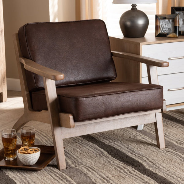 Baxton Studio Baxton Studio Sigrid Mid-Century Modern Armchair - Dark Brown Faux Leather, Antique Oak Finish, Chic Design Sigrid-Dark Brown/Antique Oak-CC