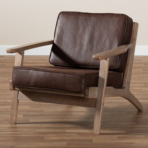 Baxton Studio Baxton Studio Sigrid Mid-Century Modern Armchair - Dark Brown Faux Leather, Antique Oak Finish, Chic Design Sigrid-Dark Brown/Antique Oak-CC