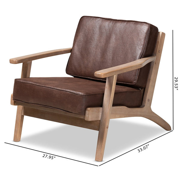 Baxton Studio Baxton Studio Sigrid Mid-Century Modern Armchair - Dark Brown Faux Leather, Antique Oak Finish, Chic Design Sigrid-Dark Brown/Antique Oak-CC