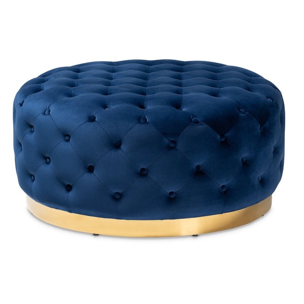 Baxton Studio Baxton Studio Sasha Royal Blue Velvet Round Ottoman with Gold Base – Chic Cocktail Table & Seating TSF-6689-Royal Blue/Gold-Otto