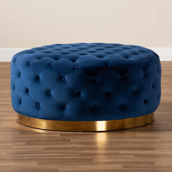 Baxton Studio Baxton Studio Sasha Royal Blue Velvet Round Ottoman with Gold Base – Chic Cocktail Table & Seating TSF-6689-Royal Blue/Gold-Otto