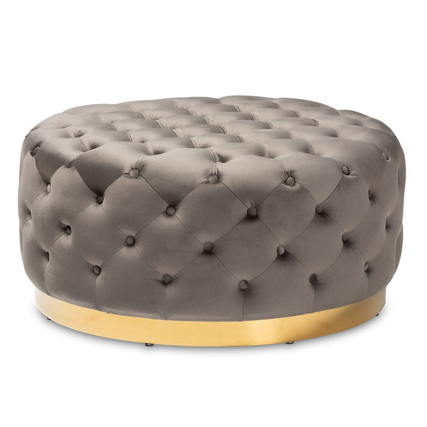 Baxton Studio Baxton Studio Sasha Glam Velvet Ottoman - Luxurious Gold-Base Round Cocktail Table & Footrest TSF-6689-Grey/Gold-Otto