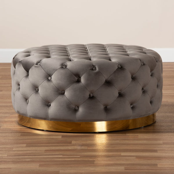 Baxton Studio Baxton Studio Sasha Glam Velvet Ottoman - Luxurious Gold-Base Round Cocktail Table & Footrest TSF-6689-Grey/Gold-Otto