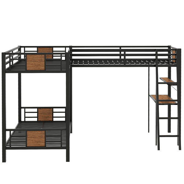 English Elm L-Shaped Twin Over Twin Bunk Bed with Loft Desk & Shelves, Brown Metal+MDF, Sturdy Sleep Solution GX001110AAD