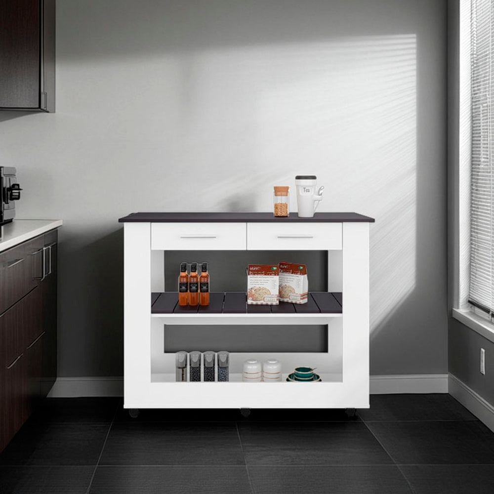 English Elm Kitchen Island with Open Shelving and Cabinet Storage for Modern Farmhouse Prep Spaces B128P436977