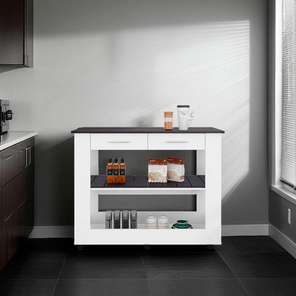 English Elm Kitchen Island with Open Shelving and Cabinet Storage for Modern Farmhouse Prep Spaces B128P436977