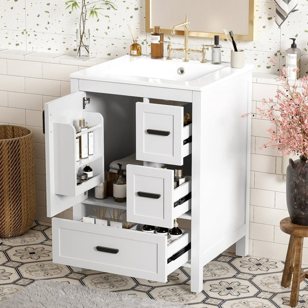 English Elm Modern 24 Inch Bathroom Vanity Solid Wood Cabinet with Ceramic Sink and Soft Close Storage White N729P292859K
