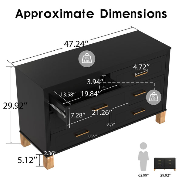 English Elm 6-drawer Double Dresser Solid Wood Legs Mid-century Modern Bedroom Storage Cabinet Black W1445S00006