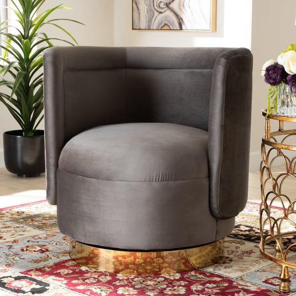 Baxton Studio Baxton Studio Saffi Luxe Grey Velvet Swivel Accent Chair with Glam Gold Base - Cozy & Chic Design TSF-6653-Grey/Gold-CC