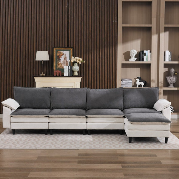English Elm 129.92" Chenille Cloud Sectional Modular L Shaped Sofa with Ottoman Deep Lounge Seating W5029S00003