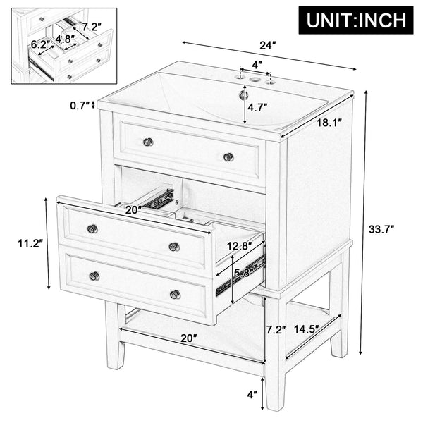English Elm 24" Bathroom Vanity with Sink Solid Wood Frame White | Modern 1-Drawer Cabinet & Open Shelf, Ceramic Top N725P246479K