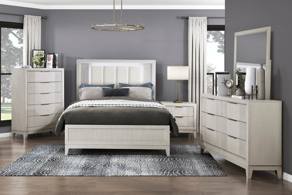 English Elm Antique White Six Drawer Dresser Reeded Fronts Chrome Pulls Modern Bedroom Storage B011P246248
