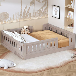 English Elm Wood Full Size Kids Platform Bed Solid Pine Guardrail Low Profile Safe Sleep Frame Natural N709P321458N